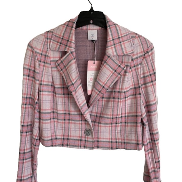 Listing Title: CAbi Playdate Jacket - Pink Plaid Cropped Blazer, Size M - Picture 1 of 6
